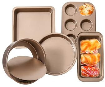 UNOSCHRIM Backformen-Sets 5-teilig, antihaftbeschichtete Karbonstahl-Backformen-Sets mit runder Kuchenform, runder Pizzablech, Keksblech, Brot und Muffinform mit 6 Tassen, wiederverwendbare Backsets