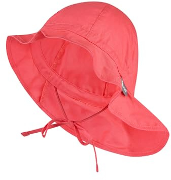 Sterntaler Sonnenhut - Mädchen Sommerhut - UV-Schutz 50+ Mütze mit breiter Krempe und Größenregulierung - Nackenschutz - Bindebänder - Baby Kinder Kopfbedeckung aus Popeline (Bio) - Koralle, Größe 55