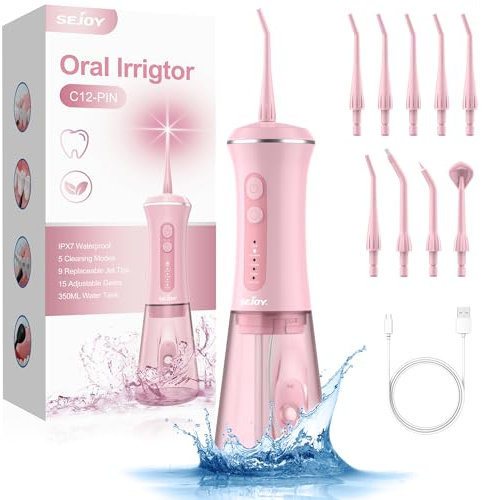 Irrigador bucal inalámbrico 2024, limpiador dental eléctrico Water Flosser, modo DIY, 5 modos y 9 boquillas, 350 ml ducha dental IPX7 resistente al agua, ganador de la prueba del irrigador oral para