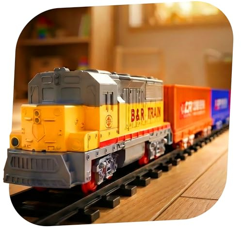 Tren eléctrico con sonido y luz, locomotora con 4 carritos de contenedores, 12 pistas, aprox. 3,5 m B&R, juego de trenes de juguete, juego de iniciación para niños, adultos, coleccionistas