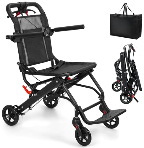 Sedia a rotelle leggera e pieghevole per adulti e anziani, sedia a rotelle portatile con freno a mano e borsa da viaggio, sedia a rotelle pieghevole con telaio in lega di alluminio, capacità 129,7 kg