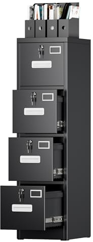 SUXXAN 4 Drawer File Cabinet, Metal Vertical Black Filing Cabinets with Locks Name Card Holder for Home Office, Assembly Required