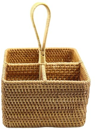Llazsybz Porta Cubiertos Cesta Organizador Portátil Almacenaje para Utensilios de Mesa Rattan Natural Diseño Artesanal Adecuado para Cocina Camping Mesa Del Co , Cuadrado grande