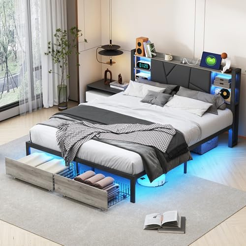 FEEOHOME lit Double avec Rangement 140x200, Cadre de Lit avec sommier métal, Lits 2 Personnes avec LED et 2 tiroirs, lit capitonné pour Adulte Adolescent Garcon, PU, Noir