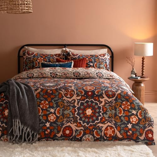furn. Kinfolk Set Copripiumino – Reversibile Suzani Ispirato Floreale Geometrico Piastrella Miscela Di Cotone Facile Manutenzione Biancheria Da Letto (Blu Denim – Singolo – 137x200cm)