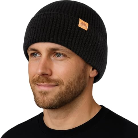 TOP-EX 100% Merino Mütze Strickmütze Wollmütze, Warme Wintermütze Beanie für Damen Herren, Sport Outdoor Wool Watch Skimütze, Cuffed Sportmütze für Wandern und Laufen Schwarz M/L
