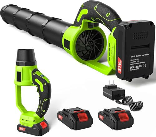 Akku-Laubbläser, 2X 21V Akkus & Schnellladegerät Set, mit stufenloser Geschwindigkeitsregelung, Leichter handgehaltener elektrischer Laubbläser für Rasenpflege, Hof, Garten, Terrasse (Grün-A)