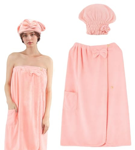 Juadnic Juego de accesorios para sauna para mujer con toalla de sauna de 75 x 135 cm y turbante, cierre de botones, cordón elástico, bolsillos elásticos, toalla de sauna para mujer, toalla de baño