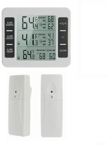 HanOaki Termometro wireless per frigorifero, monitor digitale di umidità della temperatura con sensore remoto, allarme programmabile per congelatore, uso interno ed esterno (sensore 2X)