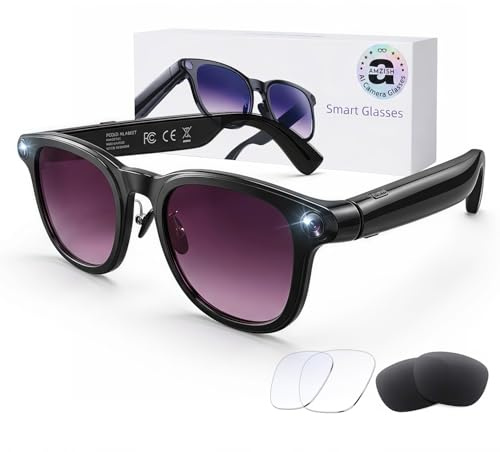 AI Smart Glasses with Camera, 8MP HD Bluetooth Camera Glasses, 1080P Video Recording Sunglasses for Women Men, Real Time Translation, Voice Assistant, Open-Ear Audio for Travel, Work Vlog (3 lenses)
