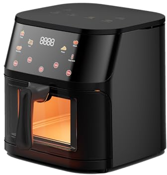 Friggitrice ad Aria 8L 1400W con Schermo Touch a Colori – 0-200°C, 7 Programmi Automatici (Patatine, Pizza, Carne, Pesce, Ali, Frutta Secca, Riscaldamento) – Griglia + Ricettario Inclusi