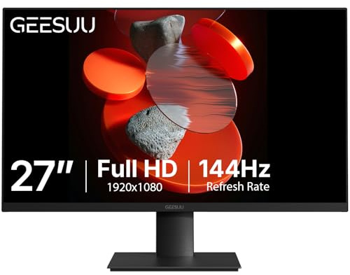 GEESUU 27 Inch Computer Monitor, PC Gaming Monitors 144Hz, 5ms, FHD 1080p, Eye-Care Screen, Lowblue, 99% sRGB, VESA 75x75mm, HDMI 2.0 & DP 1.2