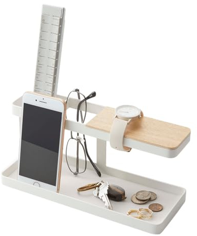 Yamazaki 2299 Tower skrivbordsorganisatör, vit, stål/trä, minimalistisk design, 24,5 x 9,7 x 11,3 cm (LxBxH)