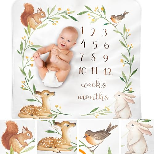 Bubzi Co Coperta Mesi Neonat Copertina Neonato Milestone Decorazione Cameretta Motivo Bosco In Acquerello Regalo Neonato e Baby Shower Copertine Neonati Perfette Per Set Fotografici