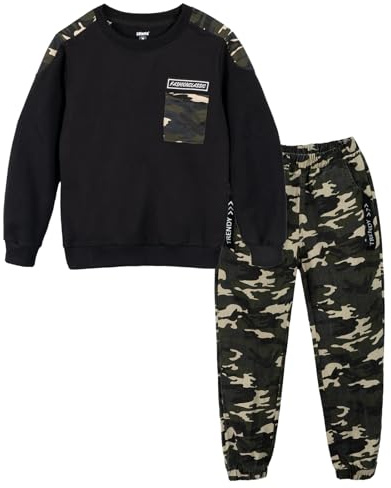 LOLANTA Conjunto de chándal de camuflaje para niño, sudadera de dos piezas y pantalón cargo, Negro, 10-11 años, 150