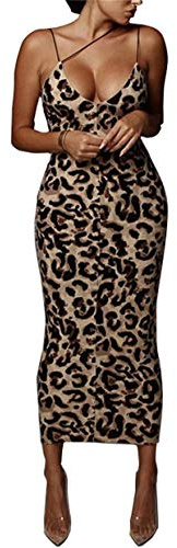 PRIMODA Women's Sexy Neon Asymmetrical Spaghetti Strap Dress Deep V-Neck Sleeveless Bodycon Midi Club Dress (Leopard L)