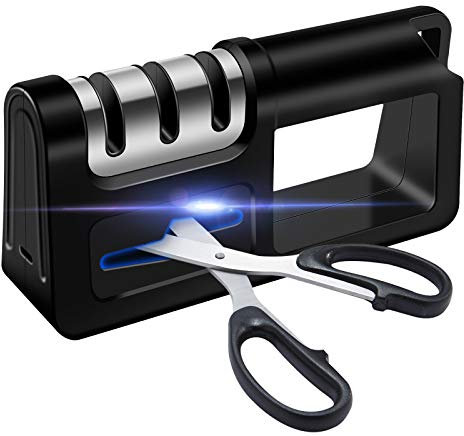 Knife Sharpener- 4 in 1 Knife Sharpening with Non-Slip Base,4 Stage Manual Sharpener for Sharpening Kitchen Knives - Ceramic Stone, Tungsten Carbide Plates, Diamond rods.