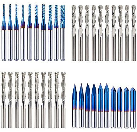1/8”(3.175mm) Shank CNC Router Bits Kit for All Purpose, Triangular Engraving Bits, Spiral End Mills, 2-flute Flat Nose and Ball Nose End Mills Cutter for Milling Machine Wood Plastics PVC Engraving