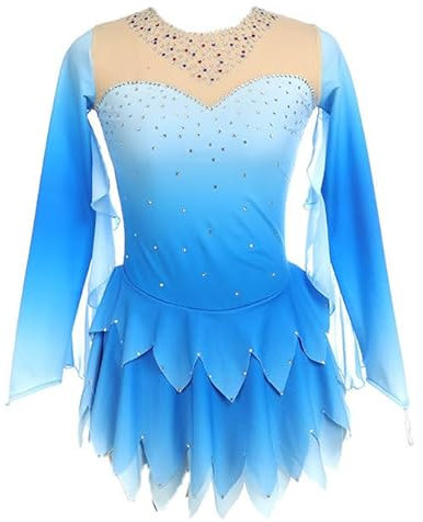 JRUIA Eiskunstlaufkleid Für Damen Elastische Spandex Eislauf Performance Kostüme Verlaufsfarbe Professionelle Mädchen Trikots Für Rhythmische Gymnastik Ballettbekleidung,Blau,XL