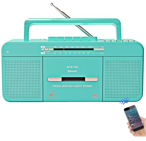 Portable Retro Stylish Cassette Player Recorder Boombox with Bluetooth,USB,AM/FM Radio,Tape Player/Recording,USB Playback/Recording,Cassette to MP3 Converter,Earphone Jack,AC/DC Powered(Teal)
