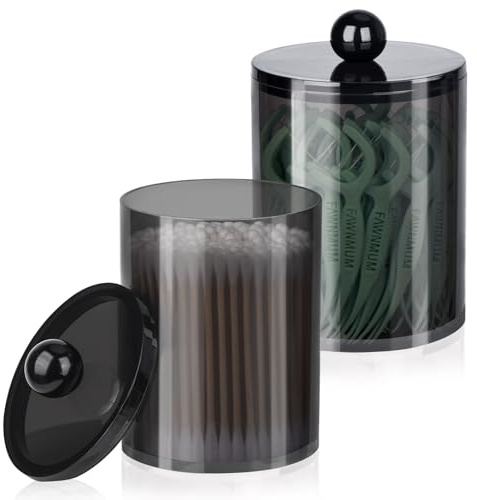 XIPENGKEJI 2 Pack Qtip Holder,Canister Apothecary Jar Set, Bathroom Jars with Lids Set for Cotton Swabs, Balls, Pads, Floss Picks,10oz-12oz Plastic Canisters Restroom Bedroom Vanity Organizer(Black)