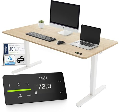 Yaasa Desk Pro Elektrisch Höhenverstellbarer Schreibtisch Eiche hell/Weiß 160 x 80 cm – Ergonomischer Schreibtisch mit Abgerundeter Tischplatte & ErgoTouch-Display – Traglast 120 kg