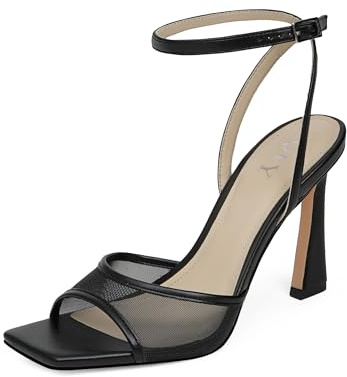 QIY Black Strappy Heels for Women High Heels Stilettos Open Square Toe Heel 3 Inch Summer Dress Faux Leather Mesh Black Heel Heeled Sandals Size 7.5