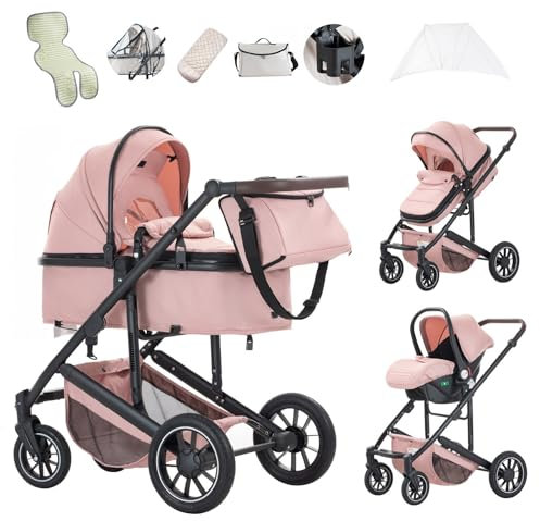 Lnhcrbs Poussette 3 en 1, Système de Voyage,Rose-Poussette Tout Terrain, Poussette Avec Cosy Avec Habillage Pluie Moustiquaire, Poussette Avec Poignée Réglable,Avec Châssis en Aluminium, 0-4,22Kg