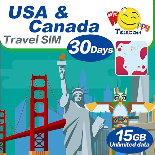 Tarjeta SIM Happy 5G USA and Canada 30 Days Unlimited Data Travel (excluye Alaska y Guam) | 15 GB de datos de alta velocidad 5G y luego 128 kbps | Fácil activación | Sin necesidad de registro