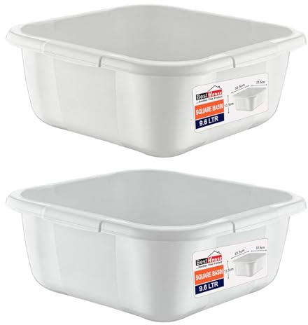 Best House | Plastic Washing up Bowl Basin | Square Kitchen Basin Wash Bowl | 9.6 Litres | Nordic Grey | 2 pcs | Multipurpose Bath Tub/Washing Tub for Kitchen, Bathroom, and Household Use (Pack of 2)
