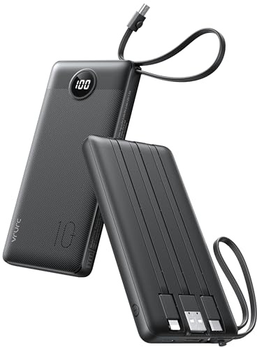 VRURC 10000mAh Power Bank With Built in Cables,USB C Battery Pack Portable Charger with 5 Outputs 2 Inputs Powerbank LED Display compatible with iPhone 17 16 15 14, Samsung,Android-Dark(1 Pack)