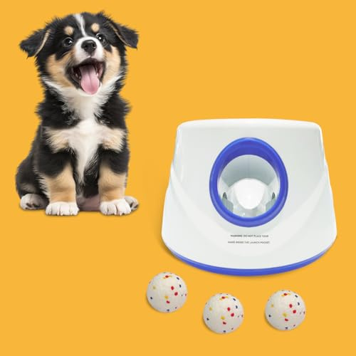 UJQW Automatic Dog Ball Launcher-Small Silent Dog Ball Thrower, 3 Adjustable Distances (20ft/33ft/46ft), Rechargable,Includes 3 Durable 2.3 Balls for Small/Medium Dogs (Blue, Medium)