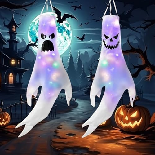 2 Pezzi Manica a Vento Fantasma Halloween, Decorazione Appesa di Halloween, Windsocks con Luce Colorato a LED da Decorazione