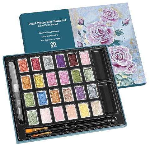 CraftyManor 3ml Glitter Watercolor Paint Set with Paper, 24 Colors Shimmer Metallic Watercolour Painting Sets, Solid Pearl Water Color Paints for Adult, Rococo Style