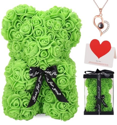 Orsacchiotto di rose artificiale, 25,4 cm, con confezione regalo, per anniversario, San Valentino, matrimonio, compleanno, regalo romantico per lei (verde)