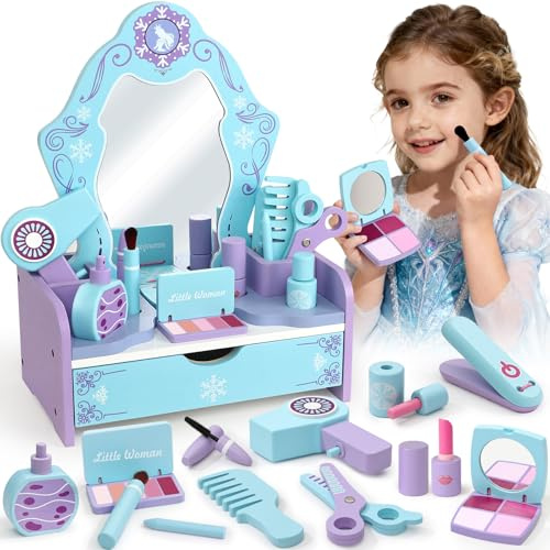 Atoylink Coiffeuse Reine des Neiges en Bois pour Fille, Faux Maquillage Enfant Fille avec Kit Maquillages & Accessoires de Coiffure, Coffret Maquillage Jouet Cadeau pour Enfant 3 4 5 Ans