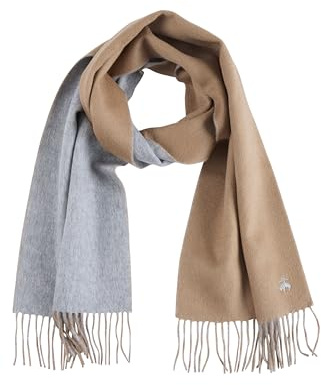 Brooks Brothers Wool and Cashmere Woven Patterned Scarf with Twisted Fringe - Men's Luxury Winter Scarf, 66-inches x 12-inches, Camel/Grey Doubleface