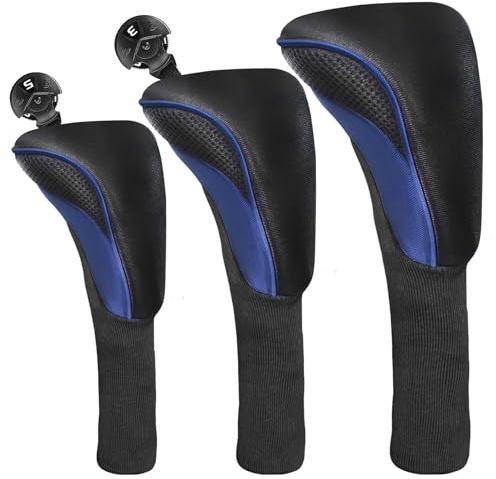 Lot de 3 housses de club de golf pour bois - Bleu - Longue couverture hybride - Portable - Durable - Ajustement parfait à tous les clubs en bois - Protection efficace pour un cadeau de golf