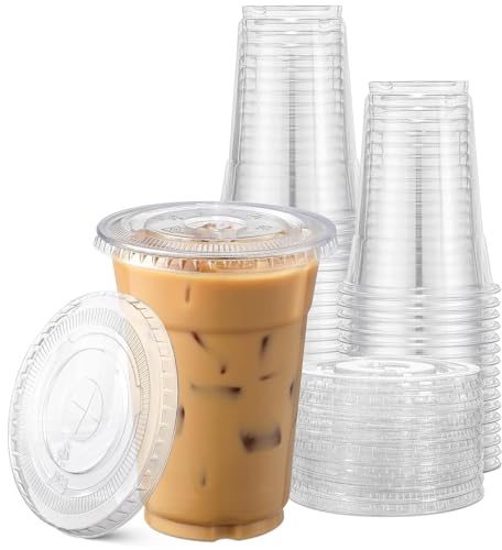 TashiBox Plastic Cups with Flat Lids 100 Sets 16 oz, Clear Crystal drink cups with lids