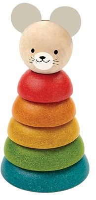 PlanToys® Mouse Stacking Ring Wooden Montessori Size and Colour Sorting Toy | Fine Motor, Coordination and Early Math Learning Activity | Eco Friendly Educational Stacking Toy