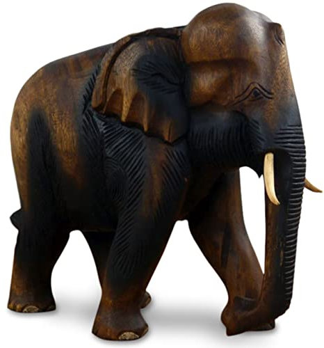 livasia Holzelefant Rüssel unten (Glückselefant), asiatischer Deko Elefant, Tierskulptur (großer Elefant)