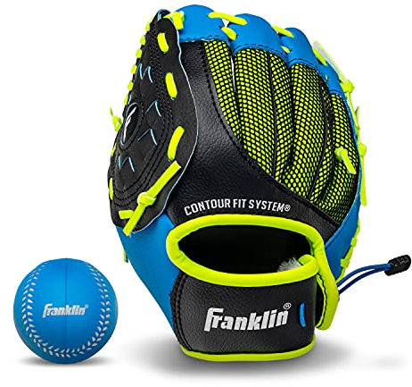 Franklin Sports Kinder NeoGrip Jungen + Mädchen Jugend Tball Kleinkind + Jugendliche Teeball, Baseball + Softball Handschuh – Linke Hand Überwurf – 22,9 cm, blau, 23 cm