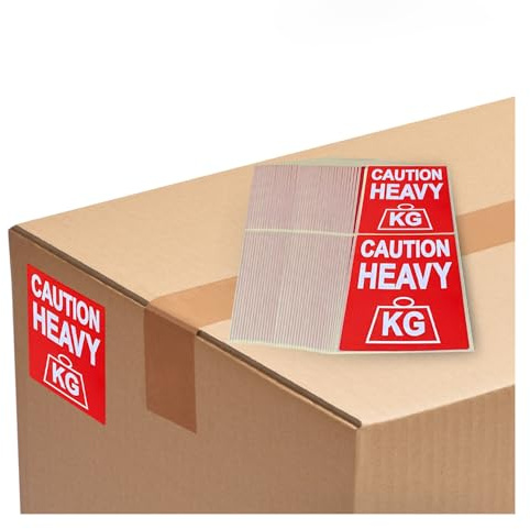 Warning Stickers 'Caution Heavy' Sticky Labels 80x103mm - 100 Pack Bright Red Stickers, Moving House, Heavy Label for Packing Box Labels and Storage, Adhesive Paper Sticker Pack for Parcel Packaging