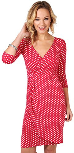 KRISP Women Polka Dot Wrap Midi Dress V-Neck 3/4 Sleeve (Red, 14), 6487-RED-14
