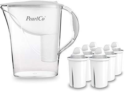 Standard-Wasserfilter PearlCo (weiß) mit 6 Classic Filterkartuschen - Reduzierung von Kalk, Chlor, Blei & Kupfer - kompatibel zu Brita Classic - Made in EU