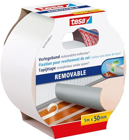 tesa Verlegeband rückstandsfrei entfernbar - Gewebeverstärktes, doppelseitiges Klebeband zum Verkleben von Teppich- und PVC-Bodenbelägen - 5 m x 50 mm