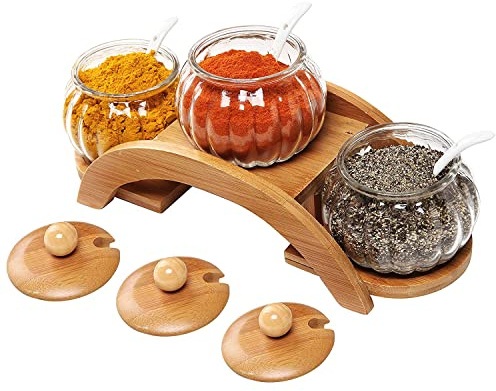MyGift 7.5 Ounce Condiment Pots, Modern Tiered Bamboo Serving Tray with Arch Design, 3 Fluted Clear Glass Bowls, Bamboo Lids and Ceramic Spoons, 10 Piece Set