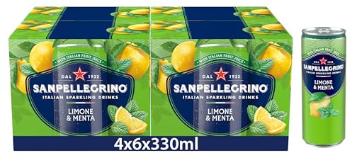 San Pellegrino Italian Sparkling Drinks Tastefully Light Sparkling Lemon & Mint Canned Soft Drink 24 Pack (4 Pack x 6 x 330 ml) | 74 kCals per Can