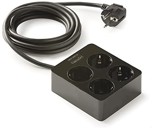 FAMATEL – Regleta de 4 tomas | Estructura cuadrada | Cable de 1,5 m | Hasta 3680W | 16A | 250V | Protección Infantil | Orientación tomas a 45o | Evita consumos fantasma | Negro