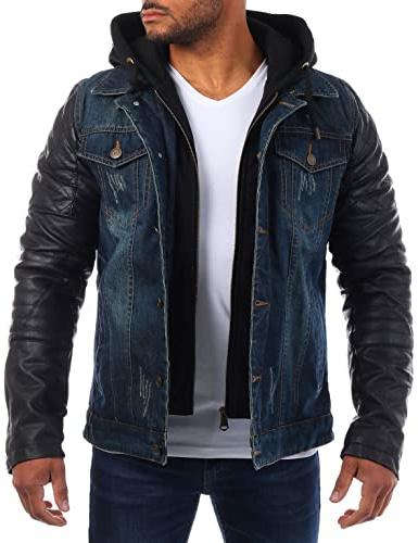 Young & Rich Herren 2in1 Jeans Jacke gefüttert Kontrast blau schwarz mit Kunstleder Ärmeln Kapuze Vintage Used Destroyed Double Layer Look, Grösse:M
